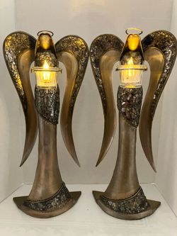 2 Vintage 19” Angle Pier 1 Brass Glass Mosaic Candle Holder Votive Stunning! EC