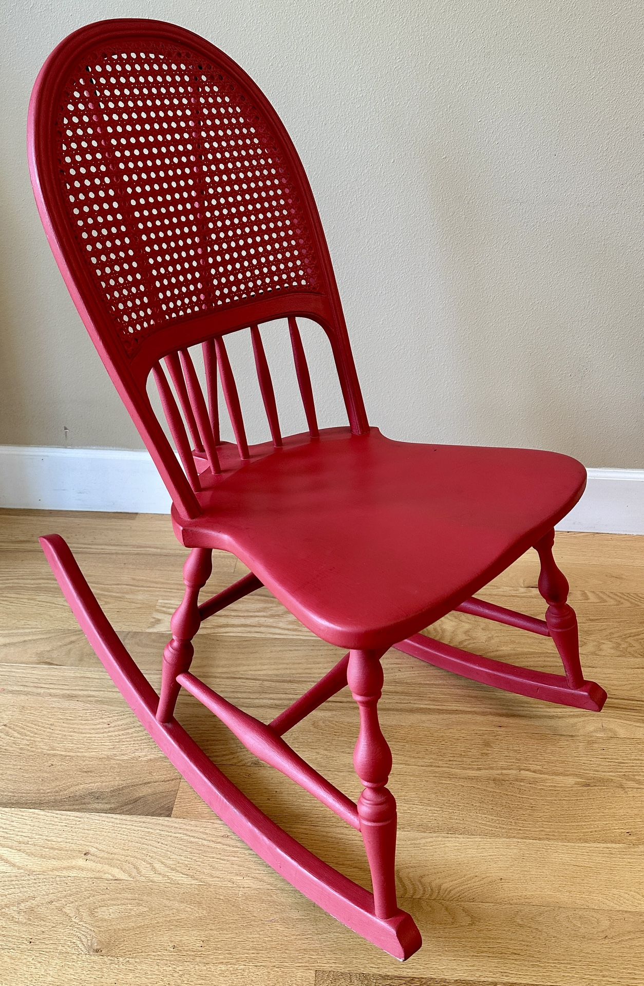 Vintage, Wood, Rocking Chair, sized for shorter adult. Red, very good, used condition.