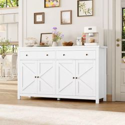 Farmhouse Kitchen Sideboard, 4-Doors 2-Drawers Wood Buffet Cabinet with Adjustable Shelves, White