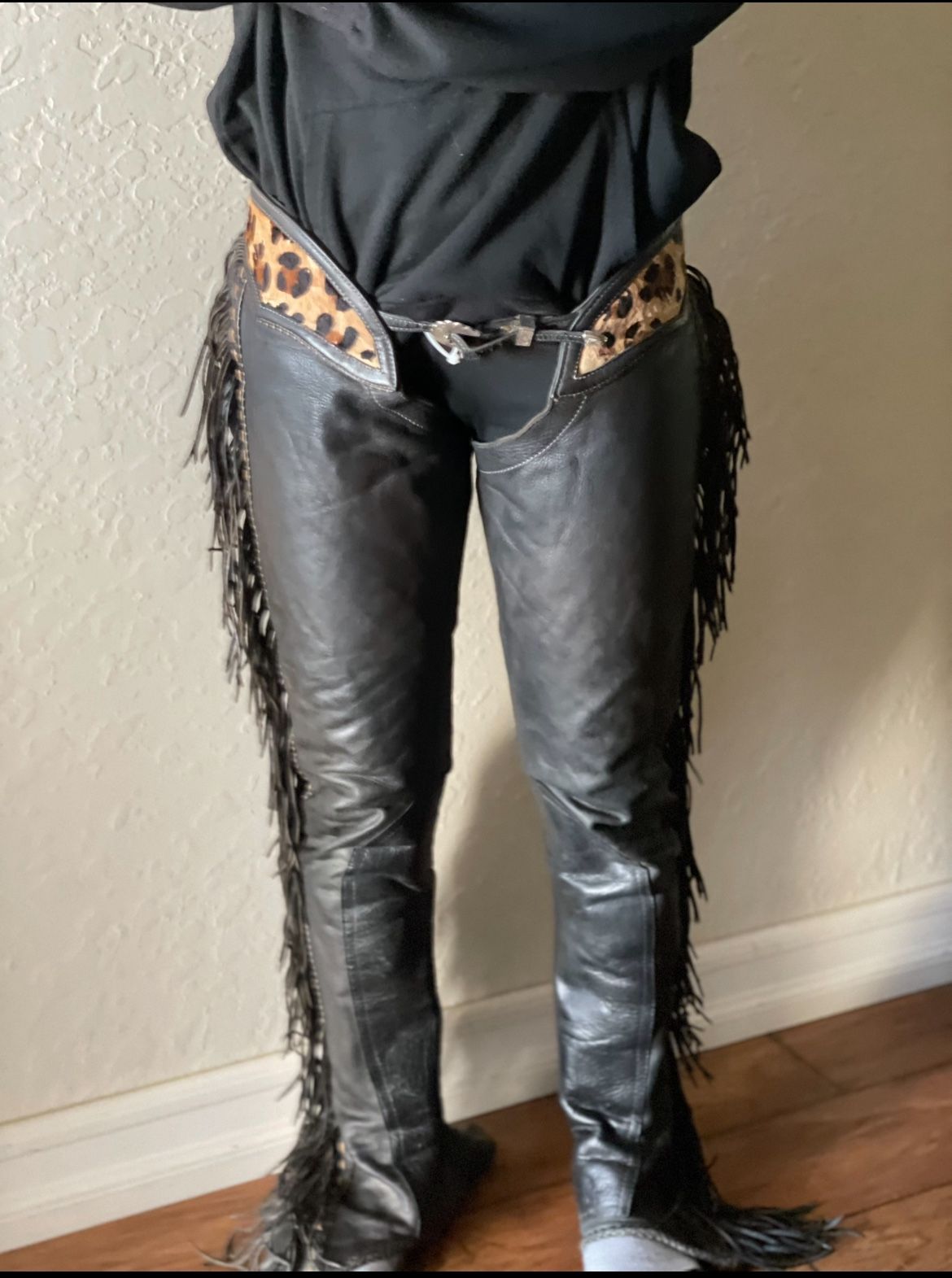black Leather Chaps fringe youth /xs adult cowboy western equitation