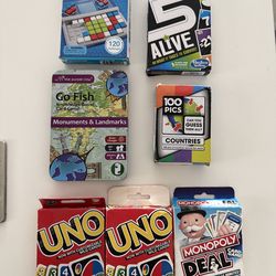Uno card games, monopoly card game, 5 alive card game. Go fish monuments and landmarks card game, 100 pics countries card game, Great compact card gam