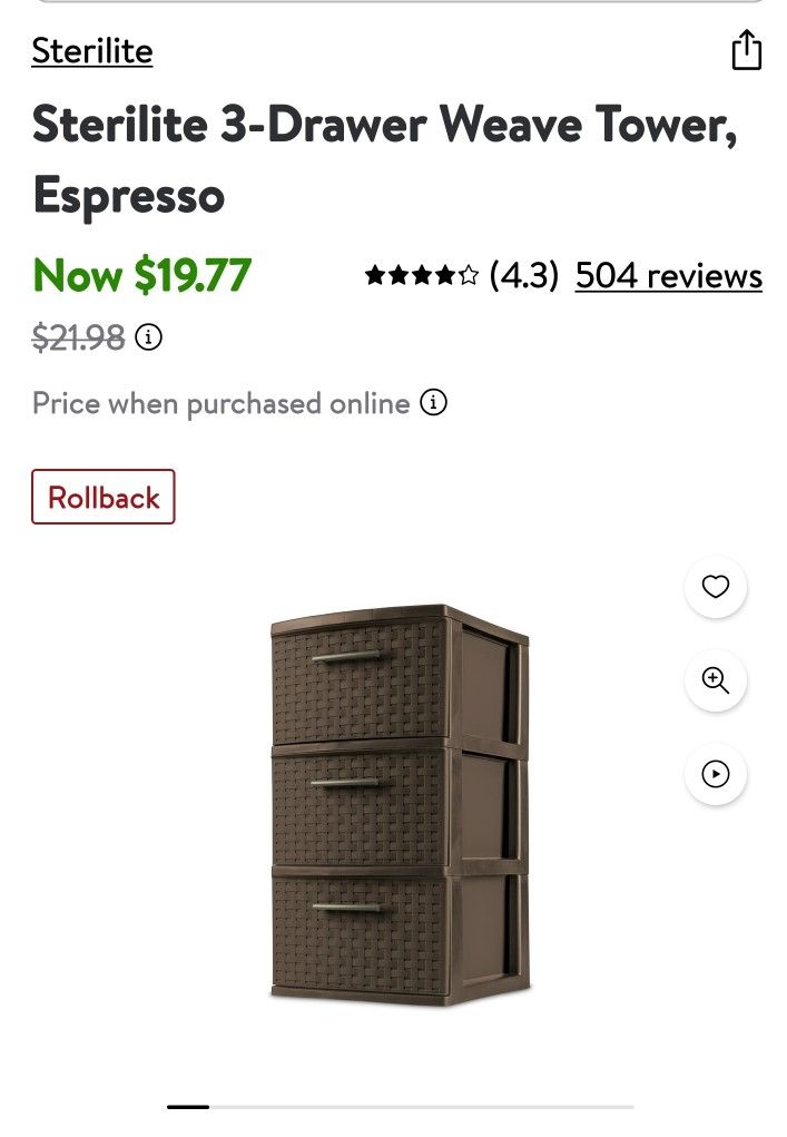 Plastic 3 Drawer Tower ..... They are 19.97 at Walmart. 