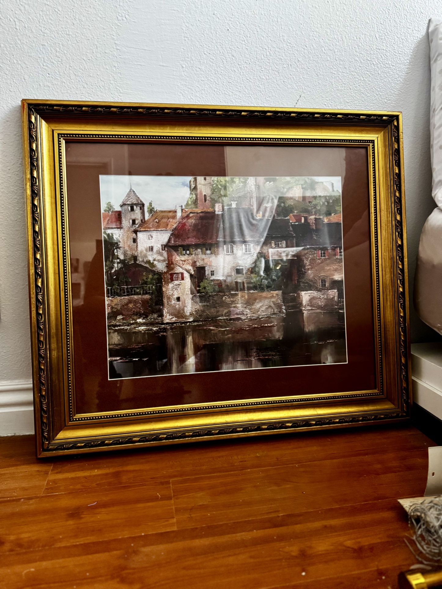Large Framed Village Landscape Painting – 30” x 27” (Gold Frame)