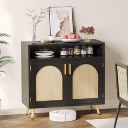 Buffet Sideboard Cabinet, Rattan Accent Storage Cabinet with Natural Rattan Doors, Modern Coffee Bar Cabinet with Adjustable Shelves 200 lbs Capacity 
