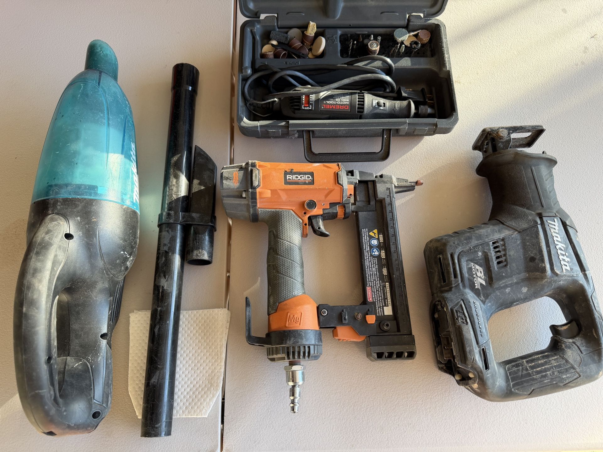Tools - Rigid Brad Nailer, Makita Sub Compact Sawzall, Makita Vacuum, Dremel Tool