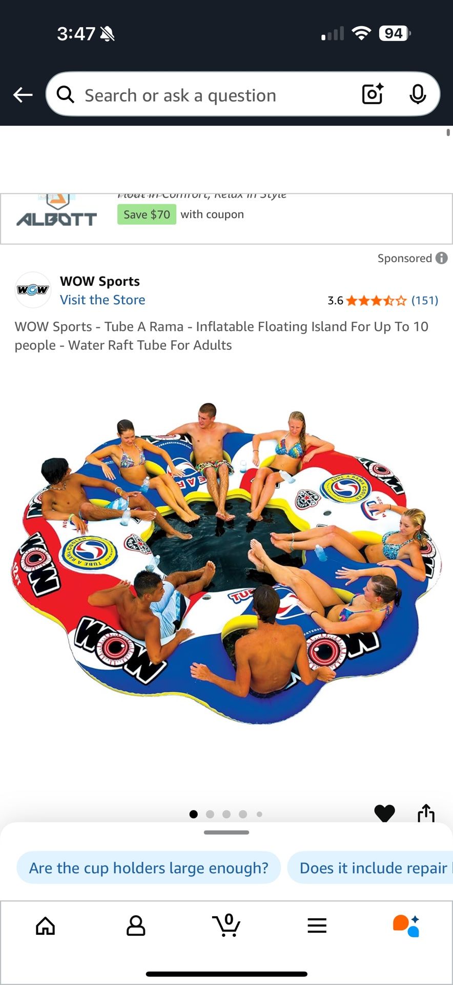 WOW Sports - Tube A Rama - Inflatable Floating Island For Up To 10 people - Water Raft Tube For Adults