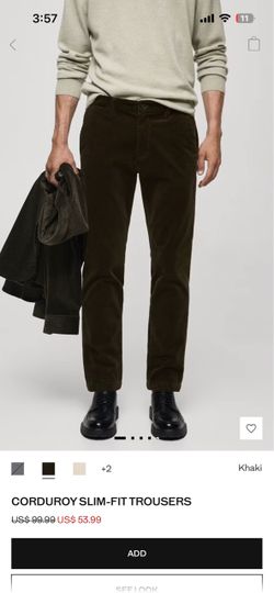 Mango mens Corduroy Slim-Fit Trousers in Khaki