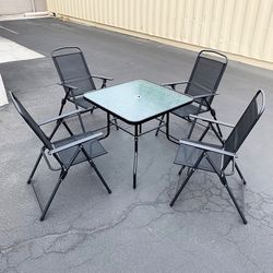 (NEW) $100 Outdoor 5 Piece Patio Set (32x32” Table and 4pc Folding Chairs) Garden Furniture