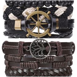 2 x Set Adjust. Size up to 9.5inc Leather Bracelet, (Ship Rudder-Brown)