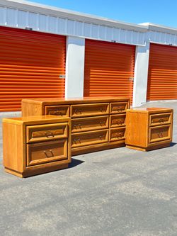 Vintage Solid Oak Bedroom Set -  Dresser & 2 Nightstands