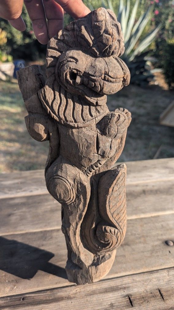Antique Hand-Carved Hanging Wooden Mythical Lion Sculpture Folk Art Decor Tribal Figure