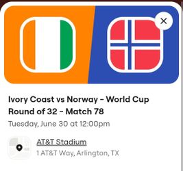 $800 buy one get one free! Ivory Coast vs Norway - World Cup Round of 32 - Match 78 Tuesday, June 30 at 12:00pm AT&T Stadium