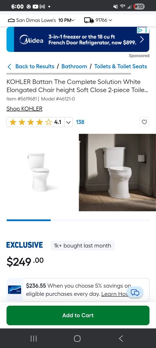 Kohler Toilet Elongated Bowl New