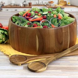 Gibson Elite 3 Piece Acacia Wood Salad Bowl and Spoon Set in Brown NEW