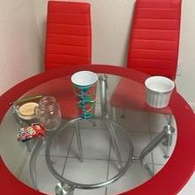 Red Table With Two Chairs For Sale