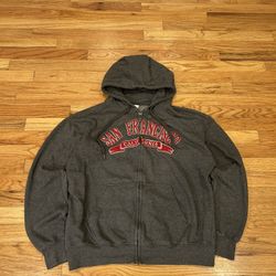 Y2K grey San Francisco California zip up hoodie  Size large Crazy - red embroidery lettering in front  #streetwear #beachhoodies #travel #2000s #zipup