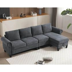 L-Shaped Sofa, Modern Linen Fabric Sectional Couches, Convertible Sectional Sofa with Storage, 4 Seat Sofa Set with Chaise for Living Room