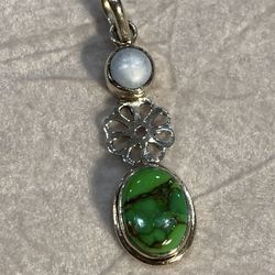 Green Tourquise Pendant. Silver. With Small Pearl. Matching Earrings On My Page 