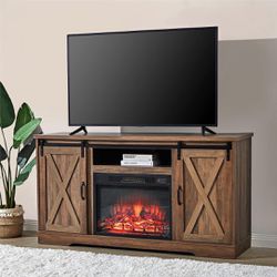 Fireplace TV Stand Sliding Barn Door Farmhouse Entertainment Center with a 23'' Electric Fireplace Insert, Storage Cabinets, Adjustable Shelves