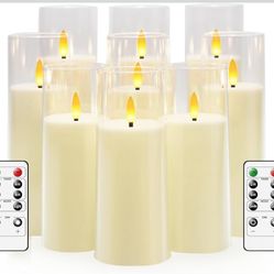 Kakoya Flickering Flameless Candles Battery Operated With Remote And 2/4/6/8 H Timer Plexiglass Led Pillar Candles Pack Of 9 (D2.3"XH 6"7"8")With Real