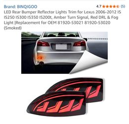 LED Rear Bumper Reflector Lights Trim for Lexus 2006-2012 IS IS250 IS300 IS350 IS200t, Amber Turn Signal, Red DRL & Fog Light |Replacement for OEM 819