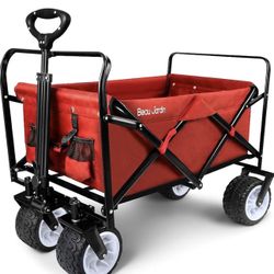 BEAU JARDIN Folding Beach Wagon Cart 300 Pound Capacity Collapsible Utility Camping Grocery Canvas Portable Rolling Buggies Outdoor Garden Sports Heav