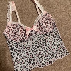 New Xs sheer mesh animal print crop tank cami top y2k 90s slip shirt emo bow