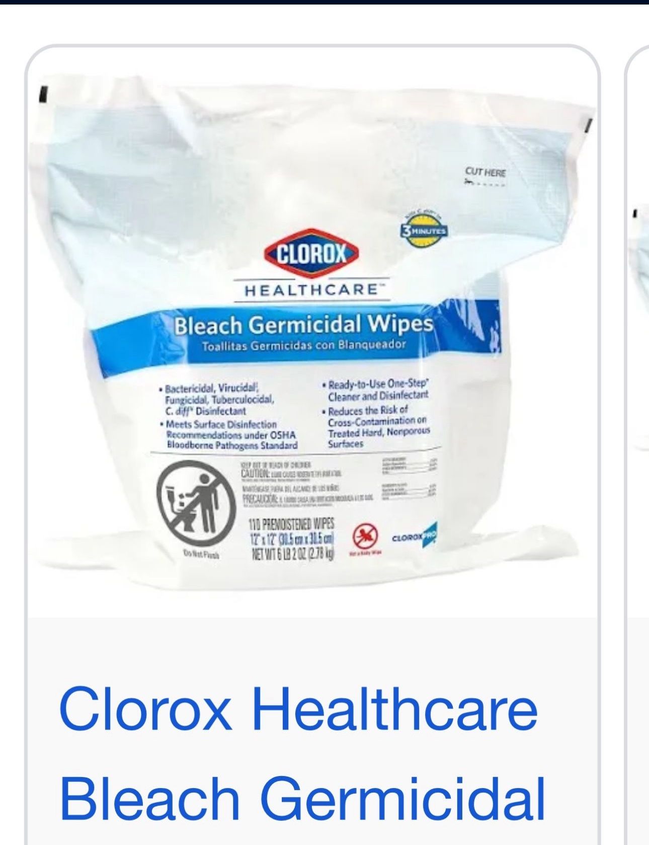 Clorox Healthcare Bleach Germicidal Wipes Refill, 110 Count Pouch