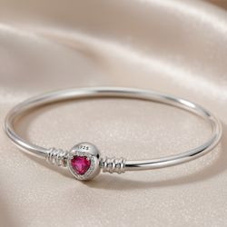 Pandora Style 925 Silver Bracelet – Sterling Silver Bangle with Pink Heart Charm, Elegant Gift for Women 