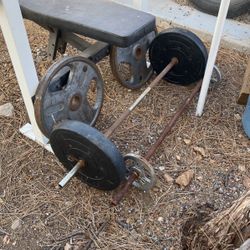 WEIGHT SET - 2 45LBS- 2 25LBS- 2 5LBS- Curling Bar-Straight Bar-2 35LBS-2 10LBS