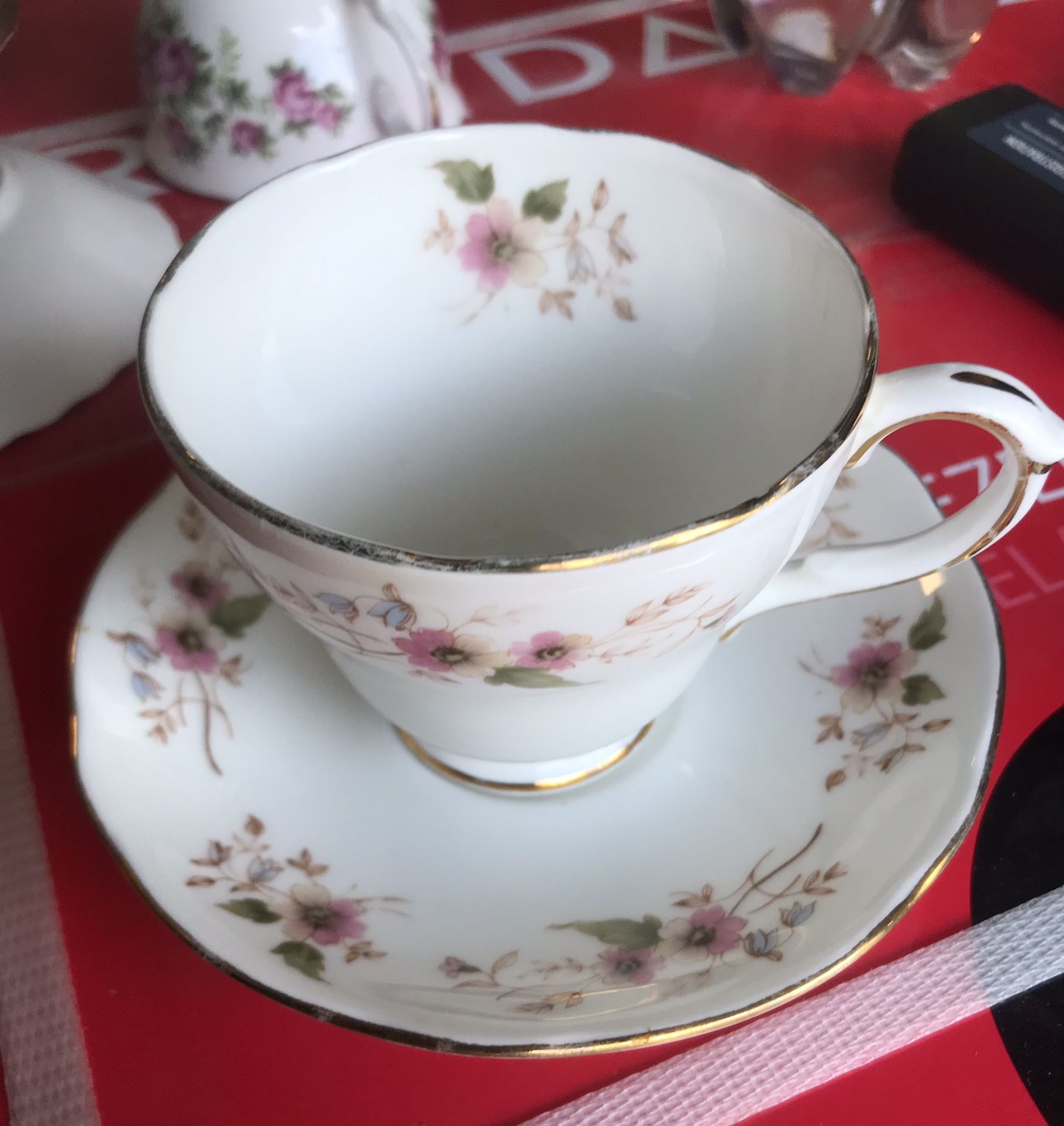 Vintage Duchess Bone China Pink Floral  W/ Gold Trim Tea Cup and Saucer England Glen 316.  