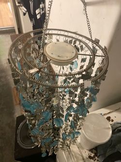 Vintage 70s Retro Hanging "Rain Lamp" Style Light Chandelier - Blue/Silver Acrylic - WORKING