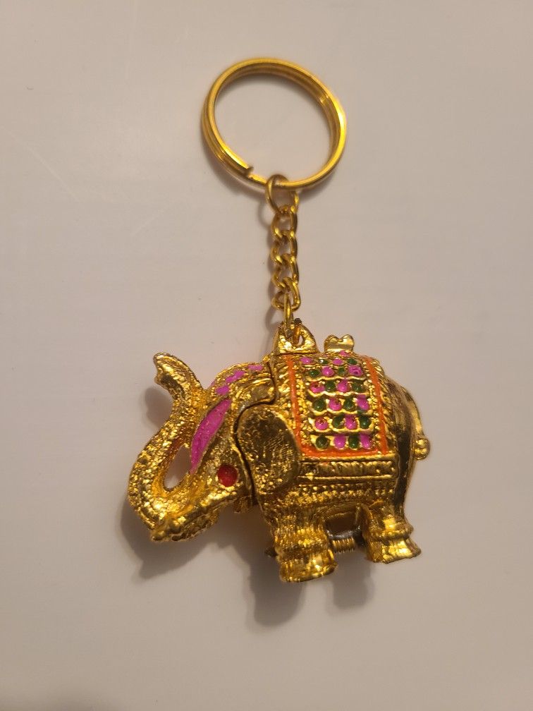 Vintage Gold Tone Elephant Trinket Pill Box Keychain