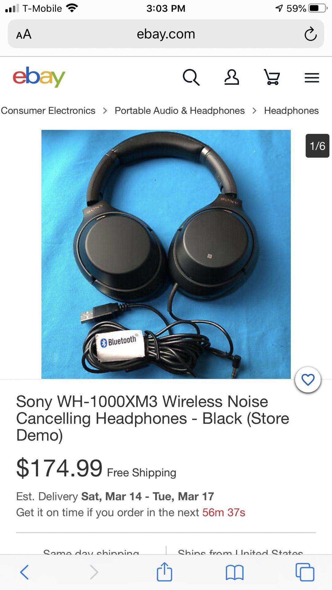 SONY WH-1000XM2Wireless Noise Cancelling Headphones -Black (Store Demo)