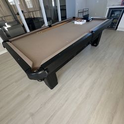 8ft Black and Tan slate pool table with cue wall mount