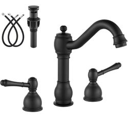 gotonovo 8 Inch Widespread Bathroom Faucets for Sink 3 Hole 2 Lever Handle Deck Mount with Pop Up Drain Hot and Cold Water Supply Lines Matte Black 