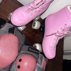 Like New Pink Roller Skates + Protective Gear – Size 8