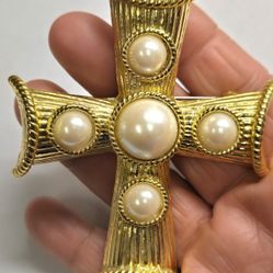 Vintage Large Goldtone Park Lane with Faux Pearls Maltese Cross Brooch Pendant 
