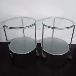 2 Glass Side End Tables with Casters