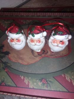Set of 3 Ceramic Santa Face Christmas Ornaments