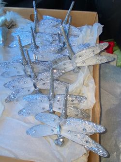 (11) Artificial Dragonfly Tree Clips Christmas silver Glitter Ornaments