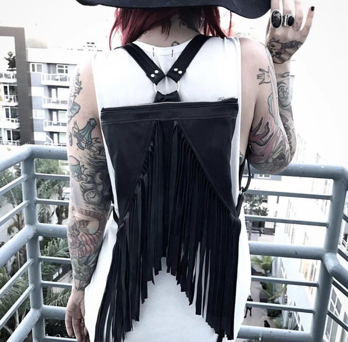 Fox Blood Fringe Backpack “I’m With The Band” Vegan Leather Black Motorcycle