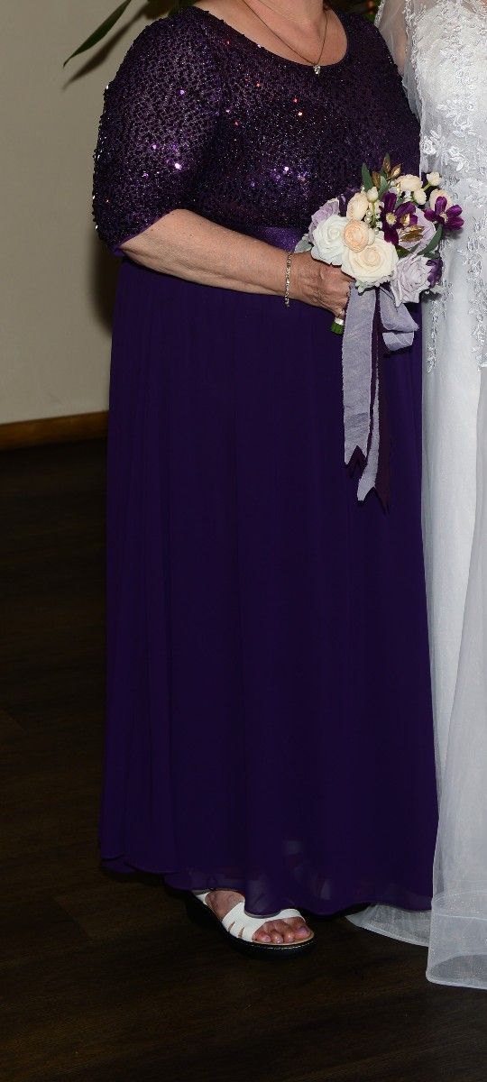 Purple Elegant A Line Crew Neck Half Sleeve Sequin Maxi Evening Dress