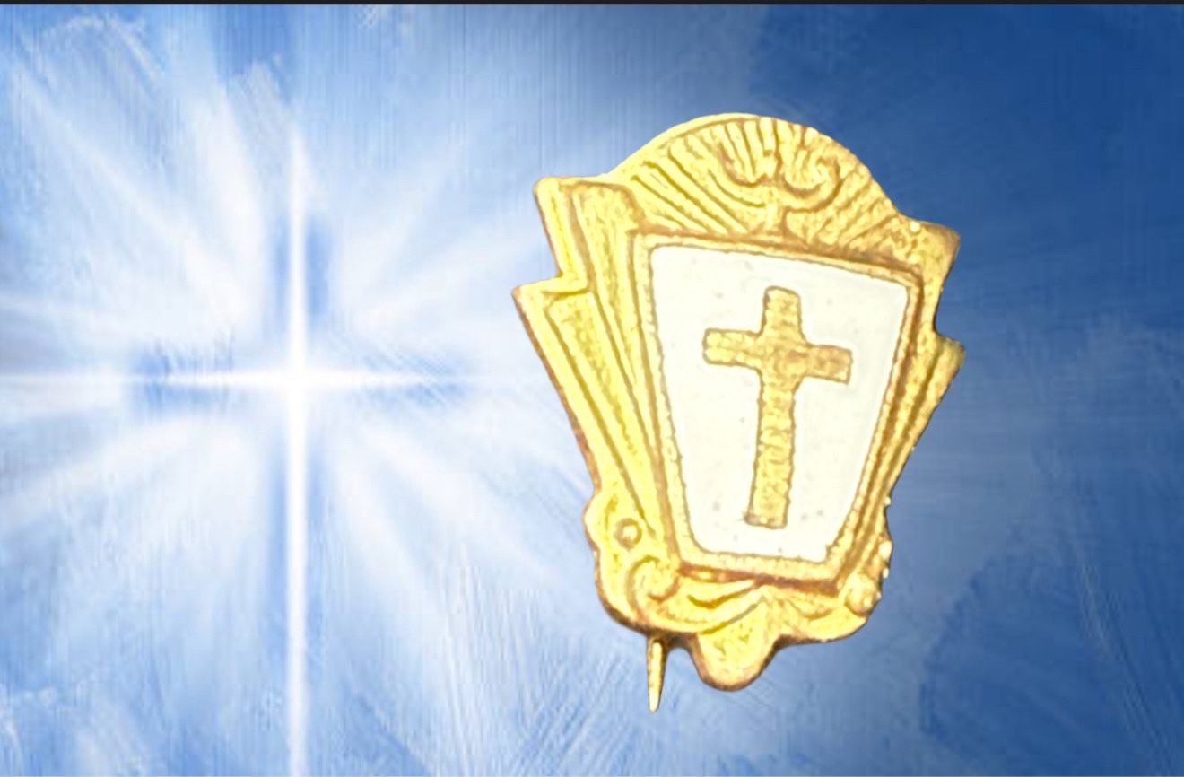 Vintage 1940s Christian Shield Cross Lapel Pin, 0.5x0.5”