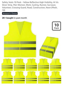Safety Vests 10 Pack - Yellow Reflective High Visibility, Hi Vis Silver Strip, Men Women, Work, Cycling, Runner, Surveyor, Volunteer, Crossing Guard,