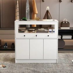 Armoire Bedroom Island Wardrobe Closet Island with Glass Drawer & 3 Doors, Island Glass Dresser Closet Island for Bedroom Cloakroom Store White (39.3”