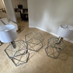 2 Lamps, 2 Glass End Tables, and Glass coffee table