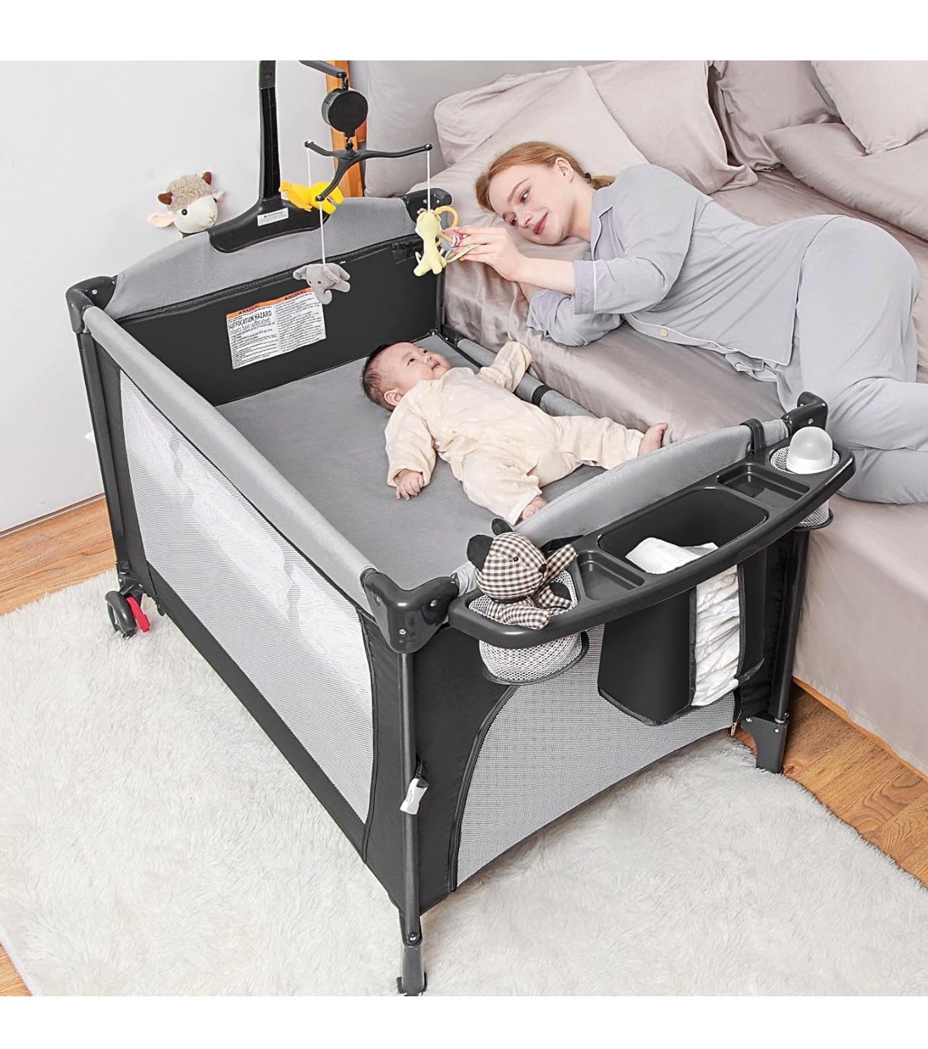 Baby Bassinet 5-in-1 Pack and Play Portable Crib for Baby Bed,Multifunction Bedside Crib from Newborn to Toddlers,Pack n Play,U-Shaped Diaper Changer,