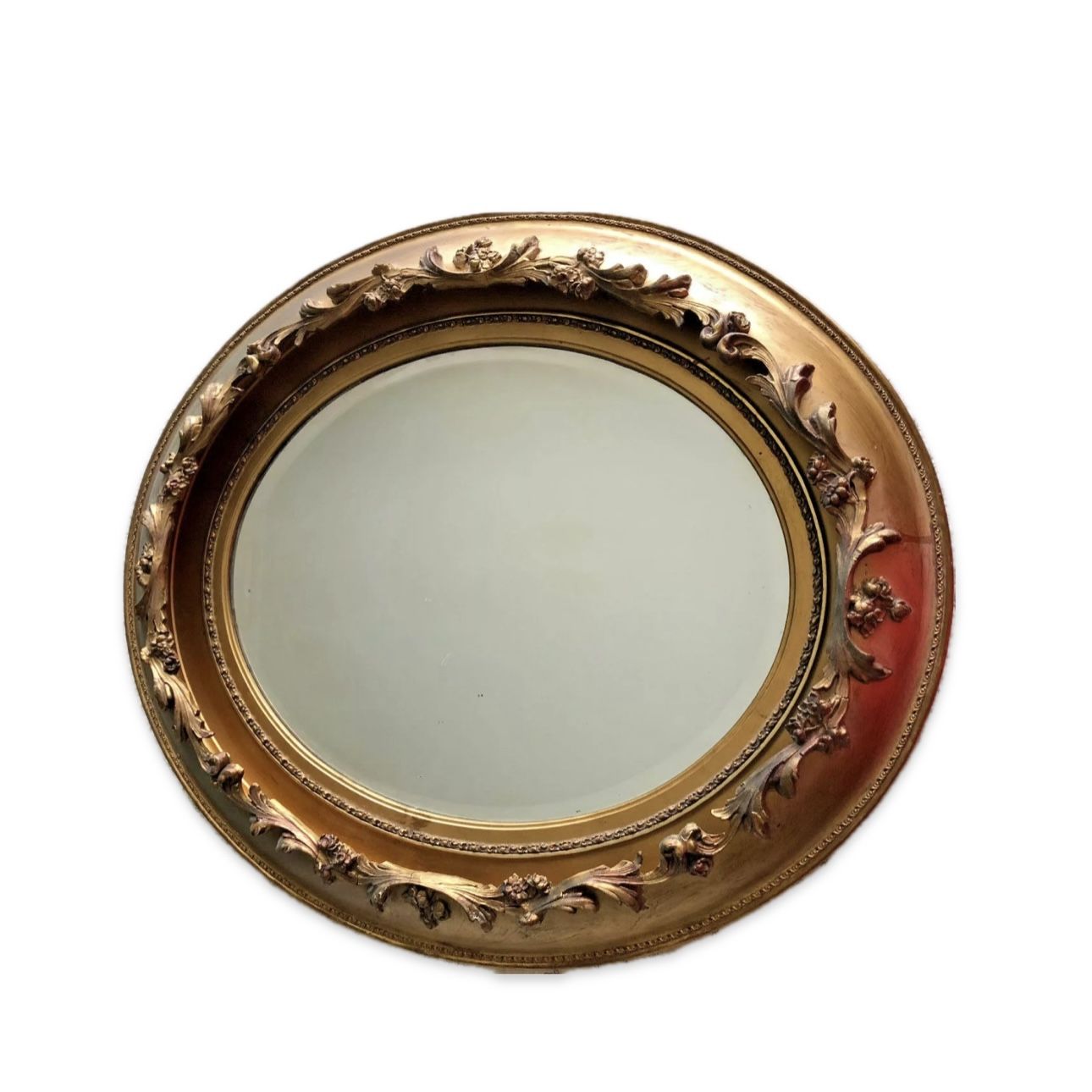 Antique Oval Mirror Gilded Gold Tone With Leaf Decor - Victorian Style