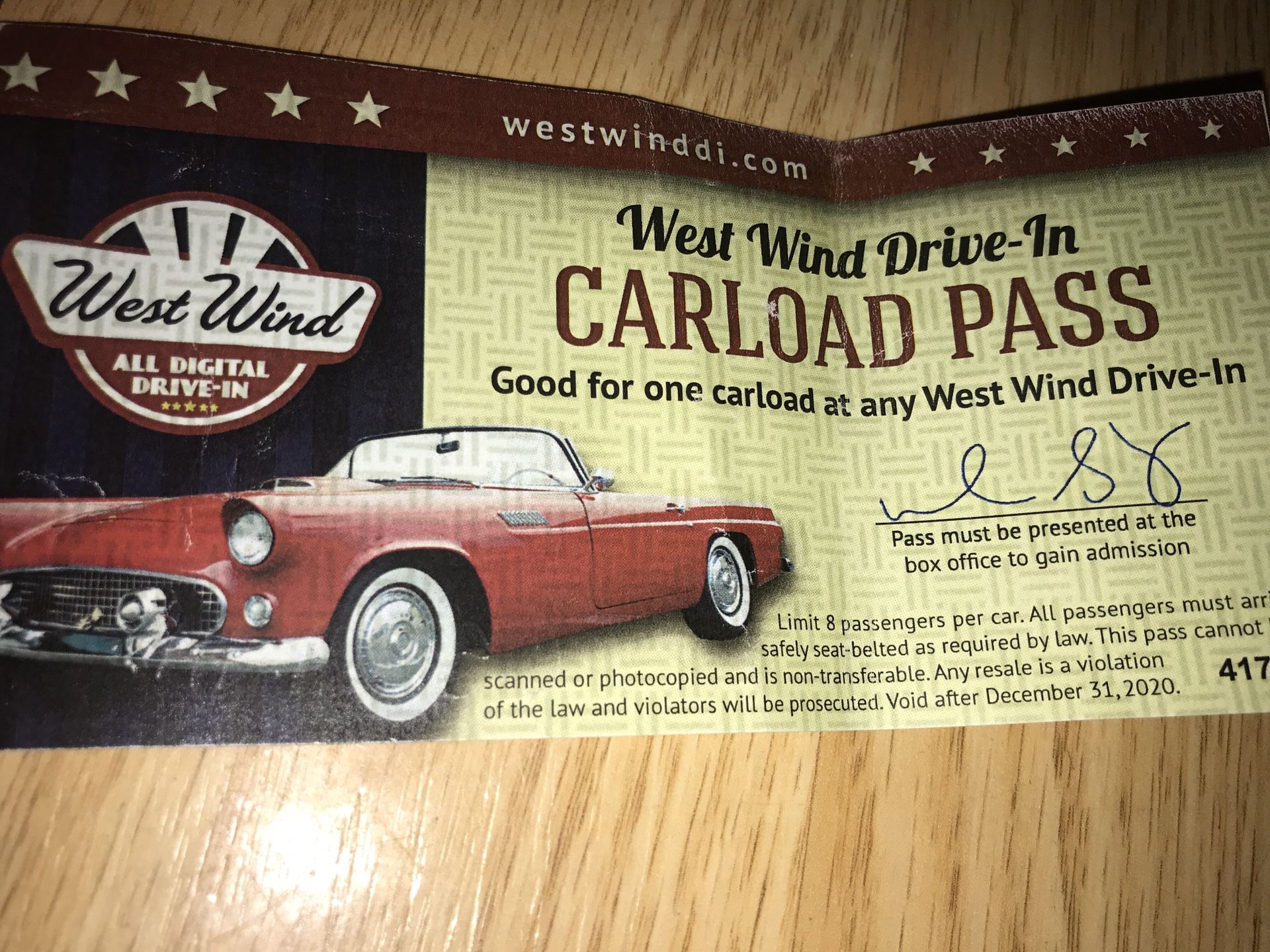 Capitol Drive In full Carload Pass admission ticket